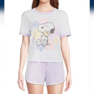 Snoopy Peanuts Women's ringer tee short sleeve shorts set Purple White Plus 2X